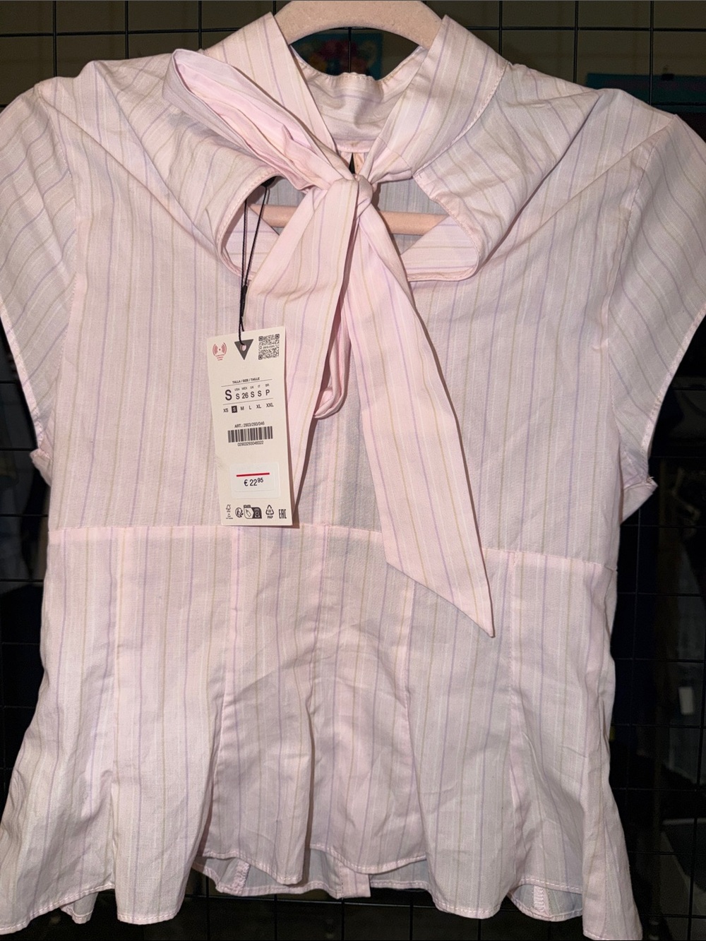 ZARA NWT Pink White Striped Tie Neck Blouse Top S Peplum Scarf Tie Front